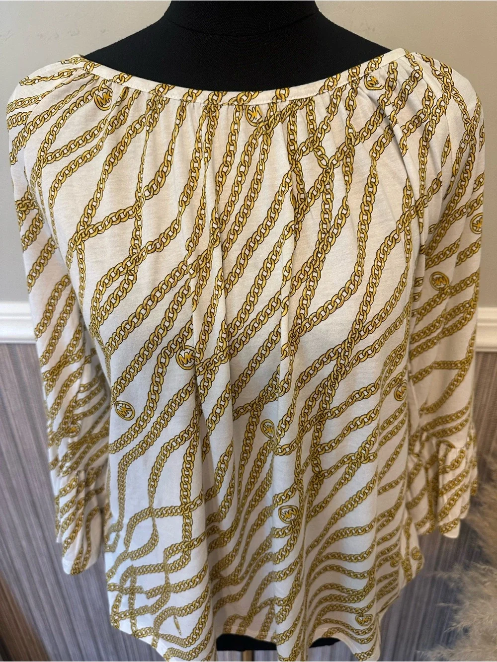Michael Kors Chain Print Bell Sleeve Top White Gold Modal Blend Size Large